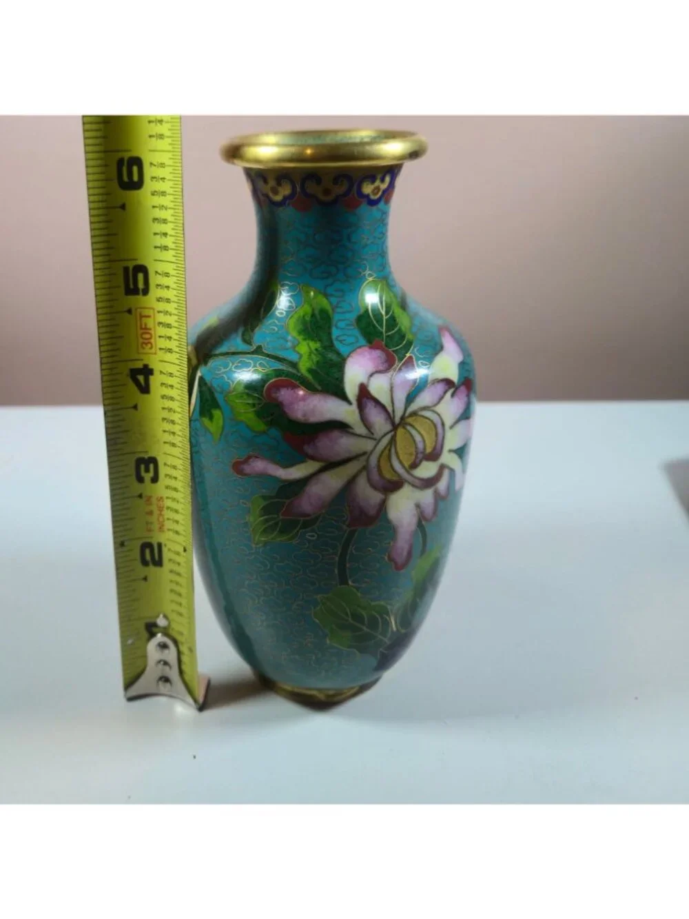 Vintage Cloisonné Vase Pink & White Chrysanthemums Gold Accents Floral Enamel